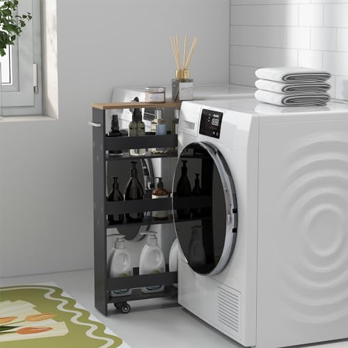 4-Tier Rolling Storage Cart with Handle & Wooden Top (White & Natural) T6548