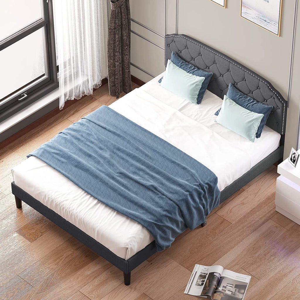 Queen Size Platform Bed Frame with Diamond Button Tufted Upholstered Headboard, Dark Grey F766