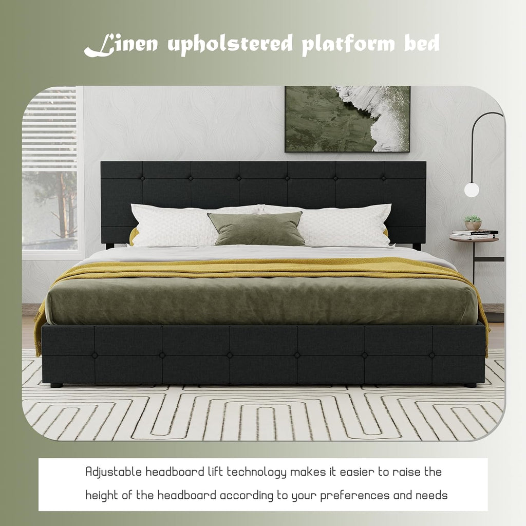 Black Linen Queen Size Platform Bed Frame with 4 Storage Drawers F9730