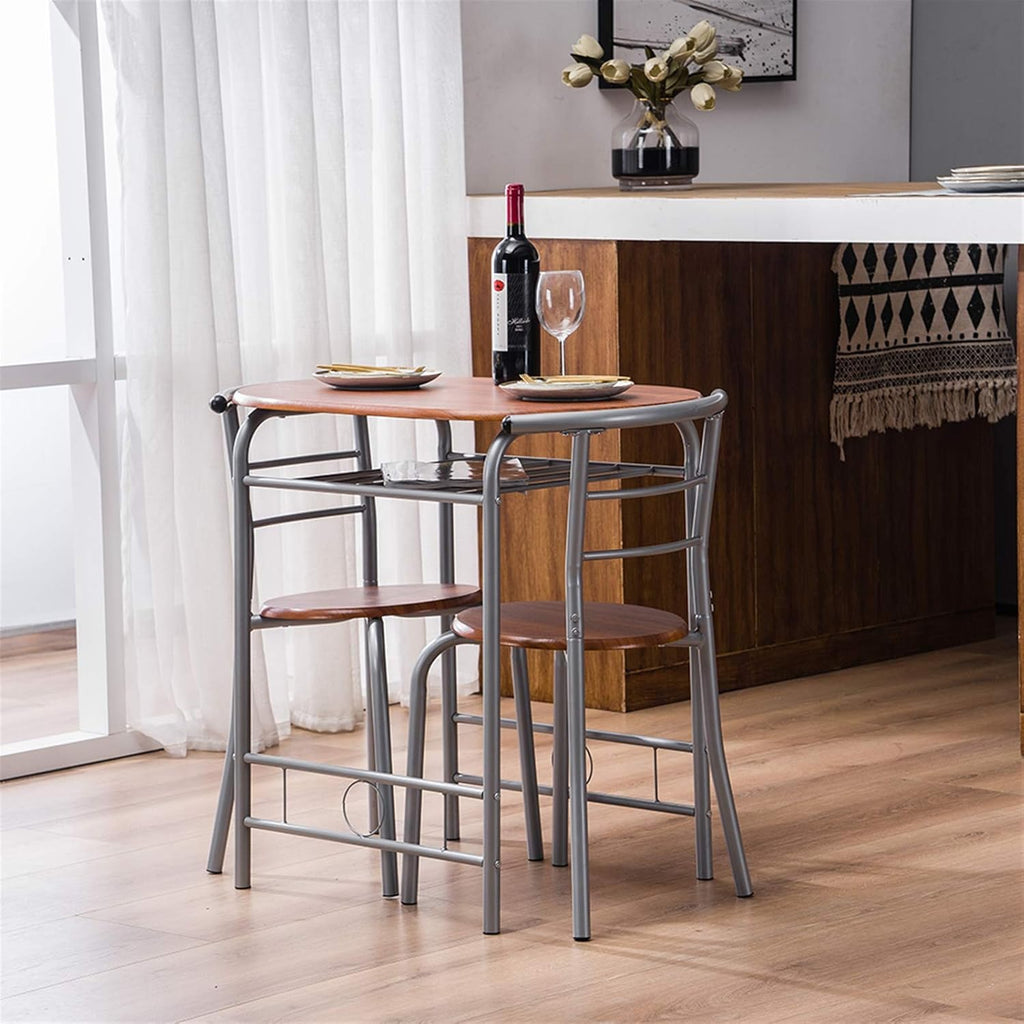 3-Piece Small Round Dining Table with Wine Storage Rack, Wood, Metal Frame, Brown Q969