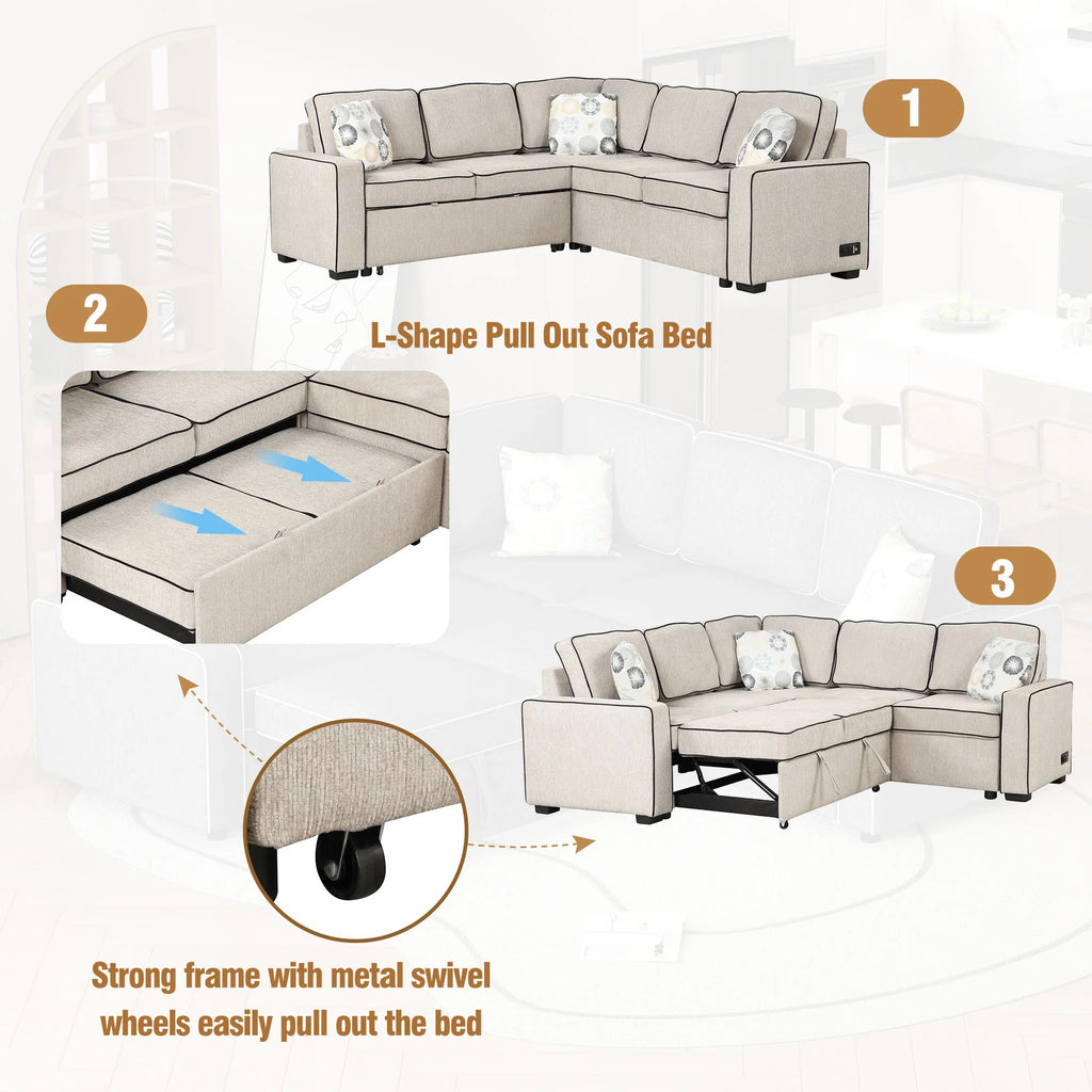 5 Seat L-Shaped Pull Out Sofa Bed with USB Ports, Cream D59172