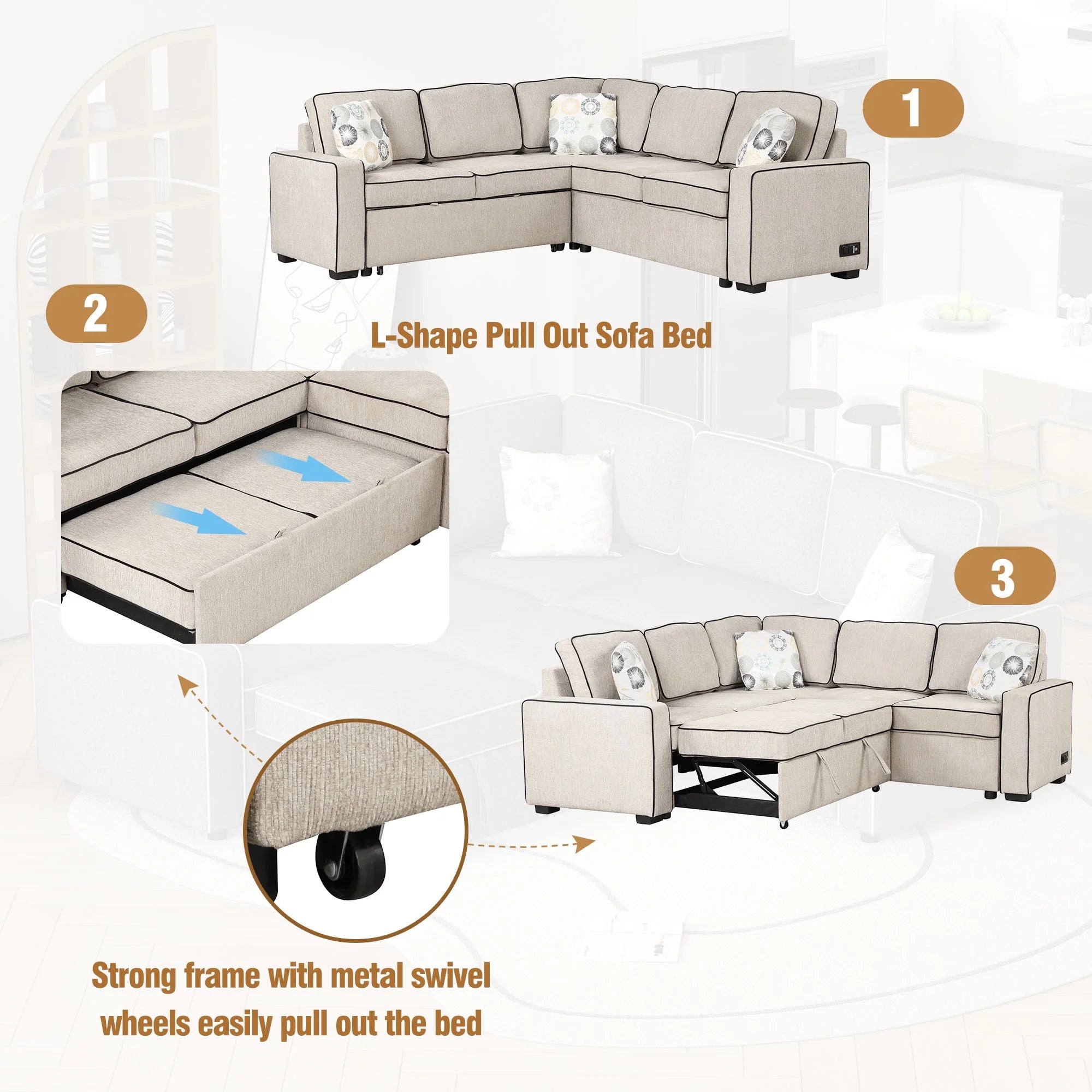5 Seat L-Shaped Pull Out Sofa Bed with USB Ports, Cream D59172