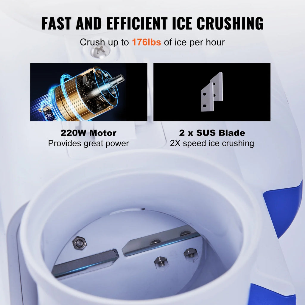 Electric Ice Crusher Machine 176lbs/Hr Snow Cone Maker Shaved Ice 220W H4494
