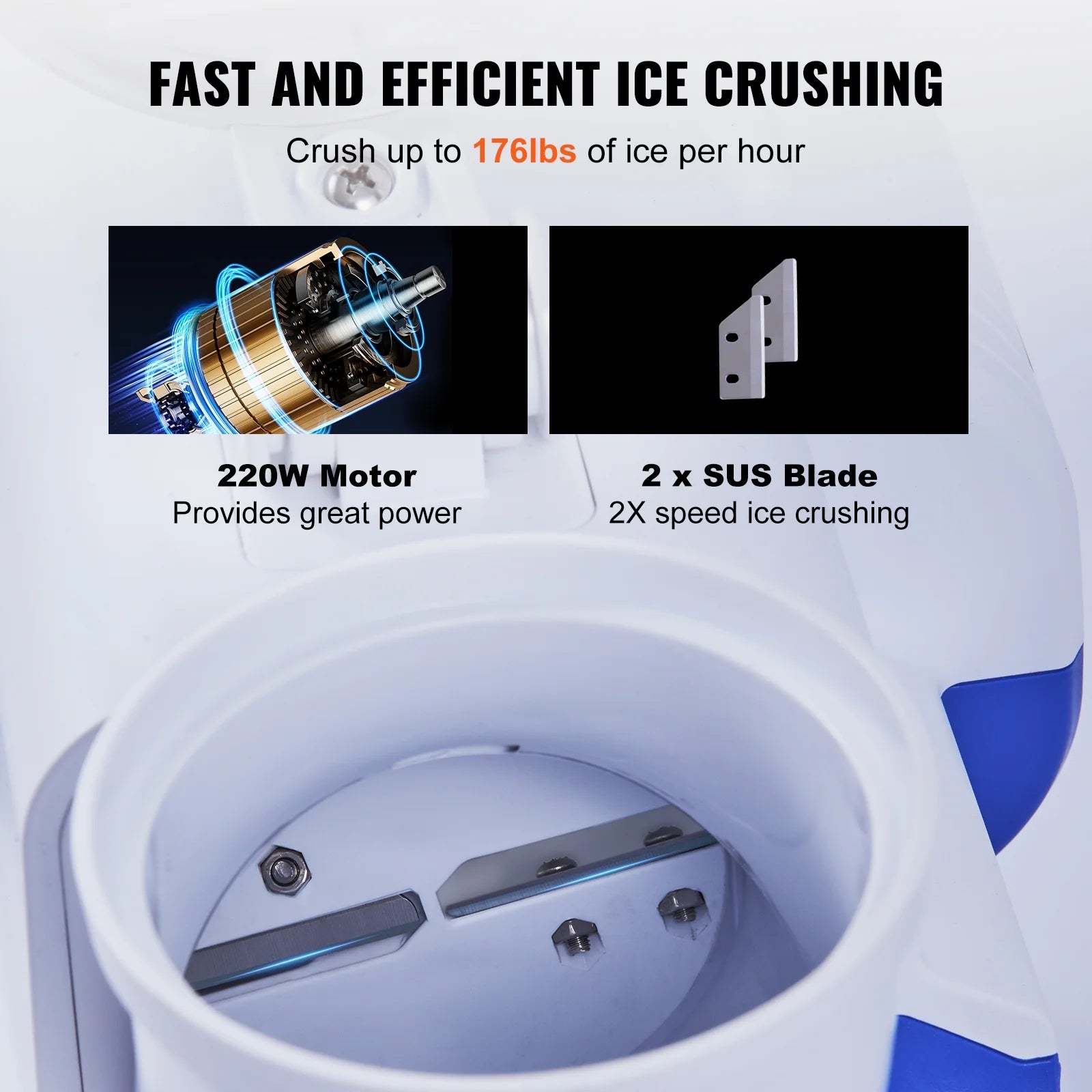 Electric Ice Crusher Machine 176lbs/Hr Snow Cone Maker Shaved Ice 220W H4494