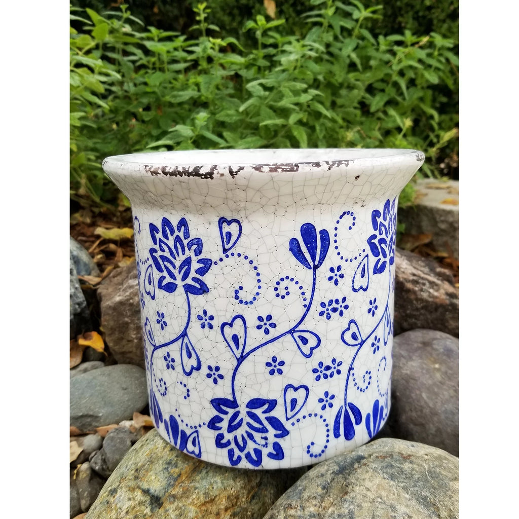 Blue and White Ceramic Flower Print Planter with Flared Lip P35311