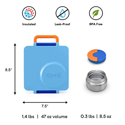 Insulated Bento Lunch Box with Leak Proof Vacuum Insulated Food Jar - 3 Compartments, Two Temperature Zones (Blue Sky) Z7355
