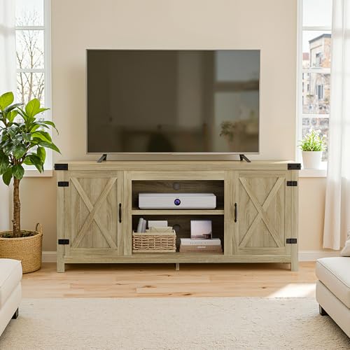 Gray Wash TV Stand with Two Barn Doors and Storage Cabinets E97307