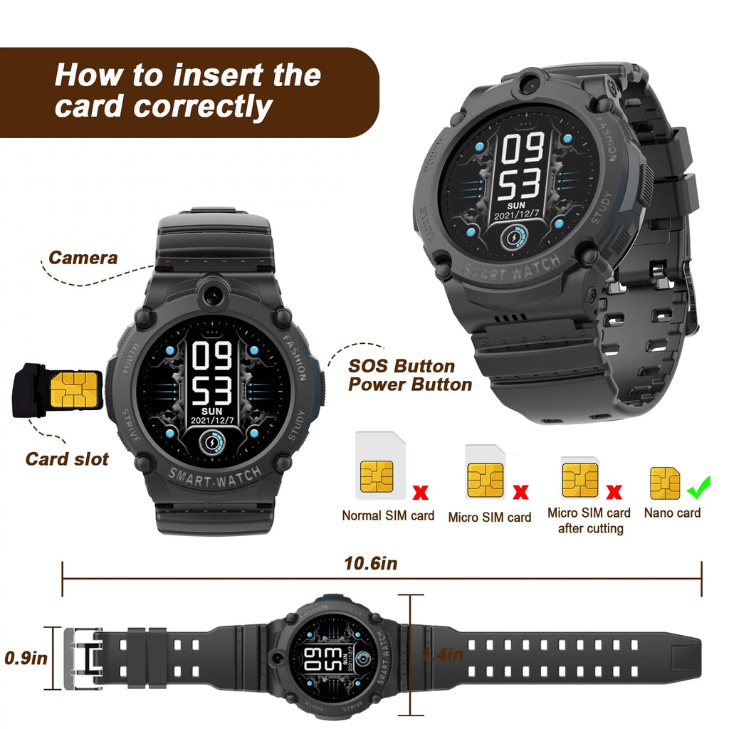 Black Smart Watch with 4G SIM GPS Video Call Pedometer C800513