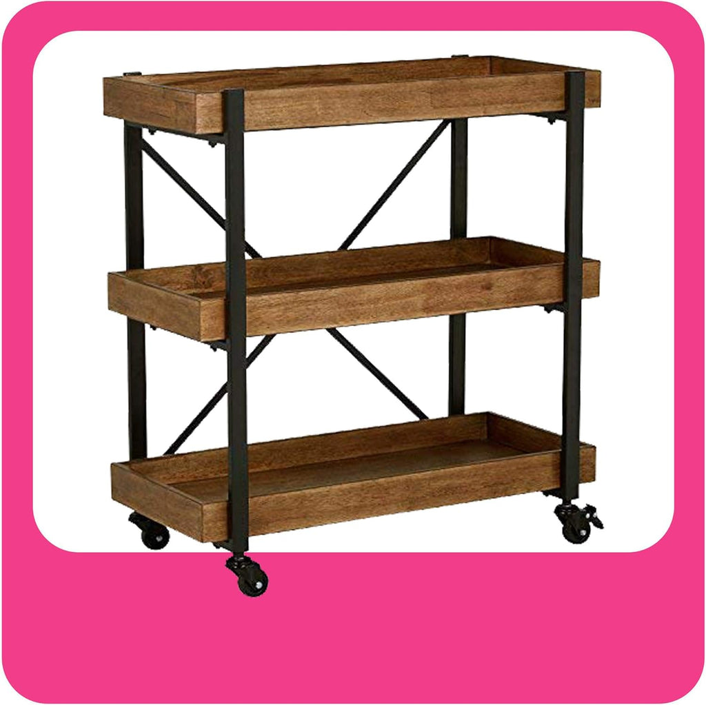 32 Inch Rolling Bar Cart with Wheels, Wood, Matte Black Metal Finish Z8004