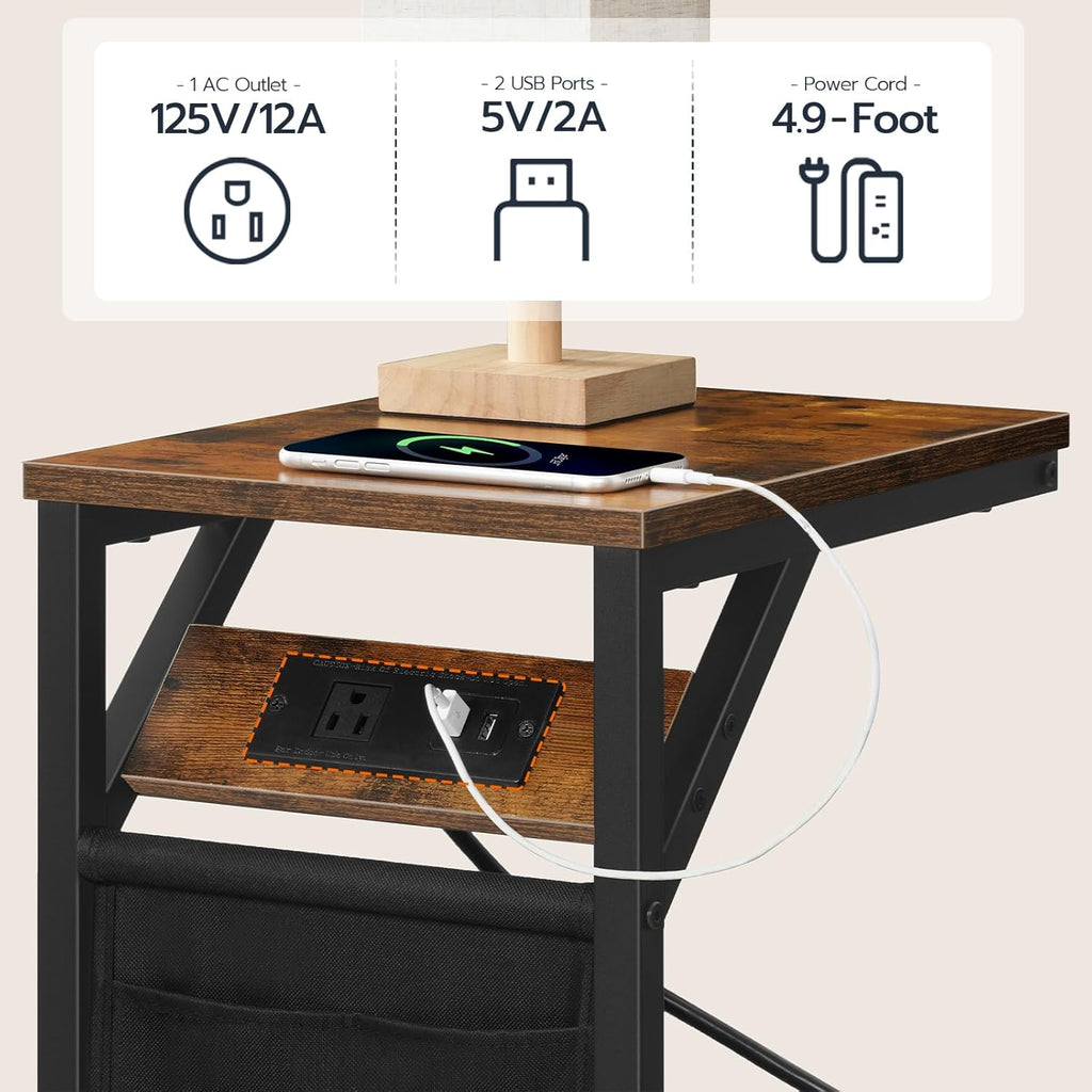 Rustic Brown and Black C-Shaped End Table with Charging Station and Storage Bag J35865