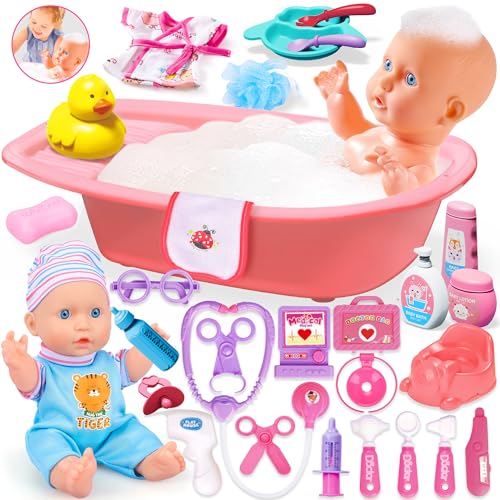 25Pcs Doll Care Toy Playset with Cradle Crib, High Chair, Milk Bottle, Pacifier, Diaper O15964