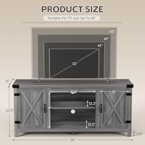 Gray Wash TV Stand with Two Barn Doors and Storage Cabinets E97307