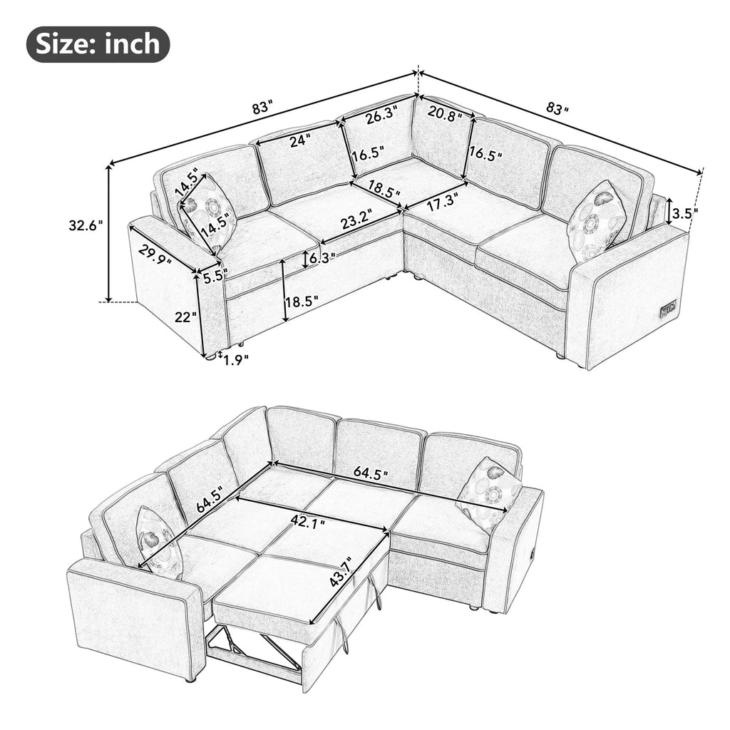 5 Seat L-Shaped Pull Out Sofa Bed with USB Ports, Cream D59172
