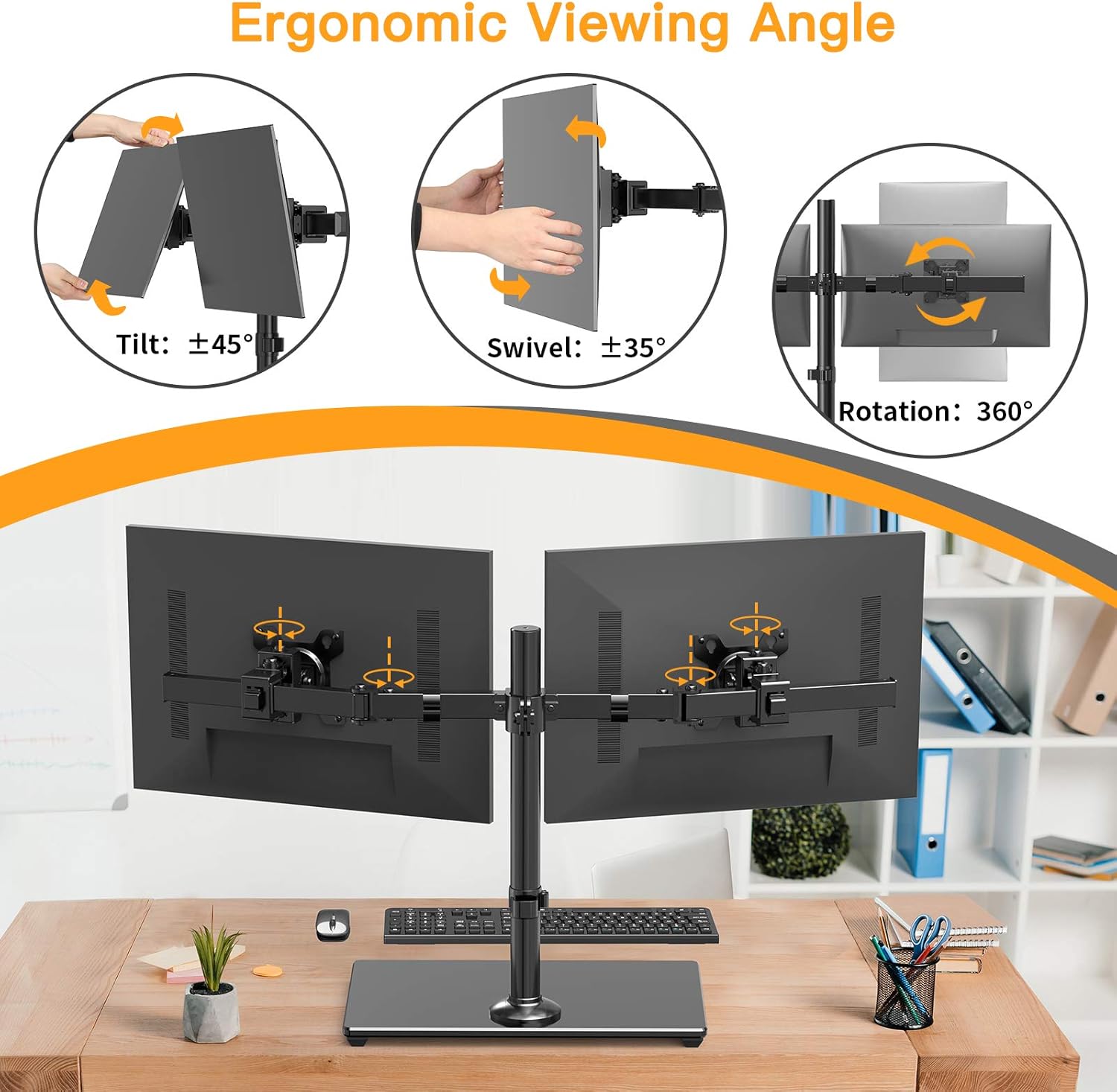 Dual Monitor Stand with Glass Base, Height Adjustable Two Arm Monitor Mount, Heavy Duty, Pack of 2 I8023