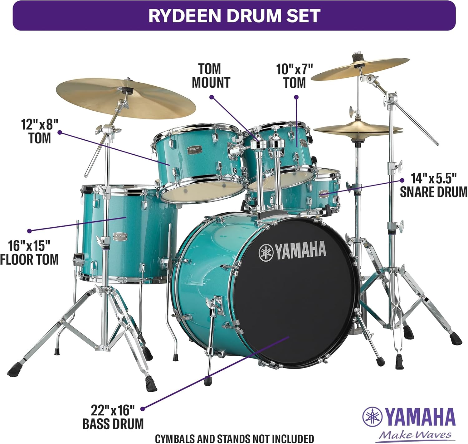 5-Piece Drum Set with 22" Bass Drum, Floor Tom, 2 Toms, Wood Snare Drum, Turquoise Glitter P766
