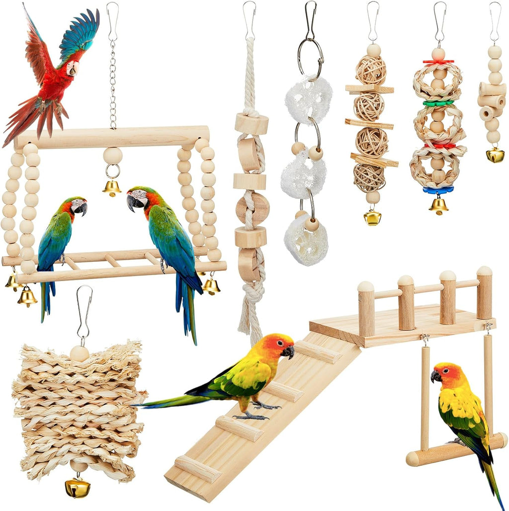 10 Pcs Parrot Swing Toys and Bird Perches Platform with Climbing Ladder Chewing Standing Hanging Parakeet Toys Bird Cage Accessories D107