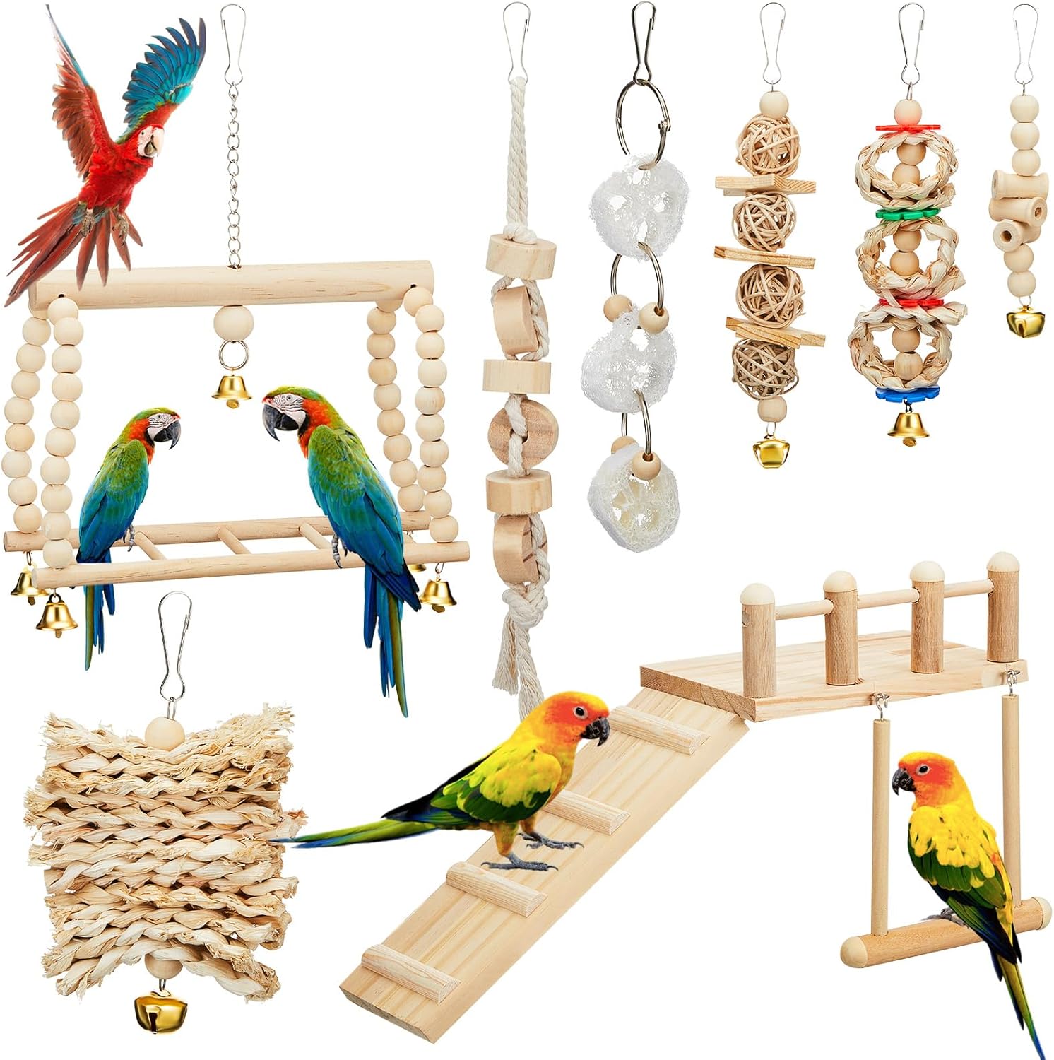 10 Pcs Parrot Swing Toys and Bird Perches Platform with Climbing Ladder Chewing Standing Hanging Parakeet Toys Bird Cage Accessories D107