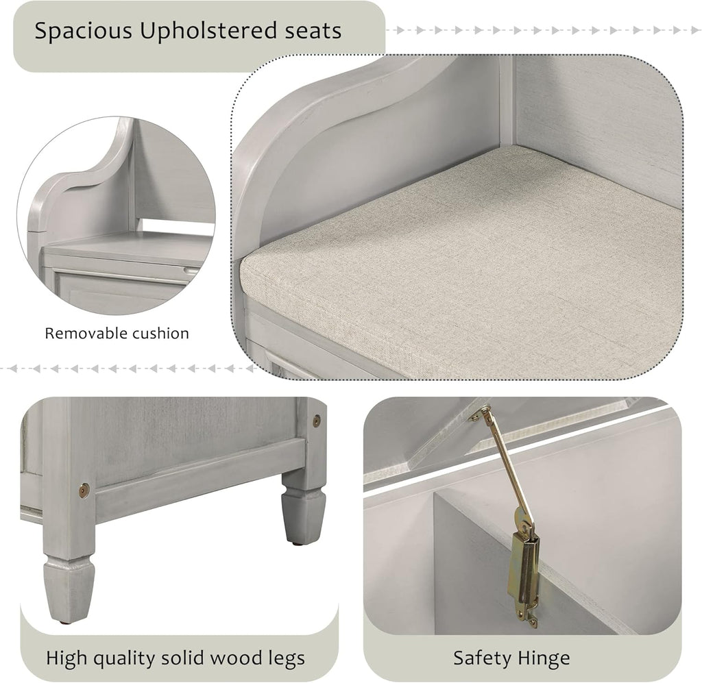 Rustic Storage Bench with Backrest and Hidden Storage, Gray Wash+Beige I28424