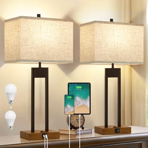 Set of 2 Nightstand Table Lamps with USB C+A, 3 Colors Changeable Z513
