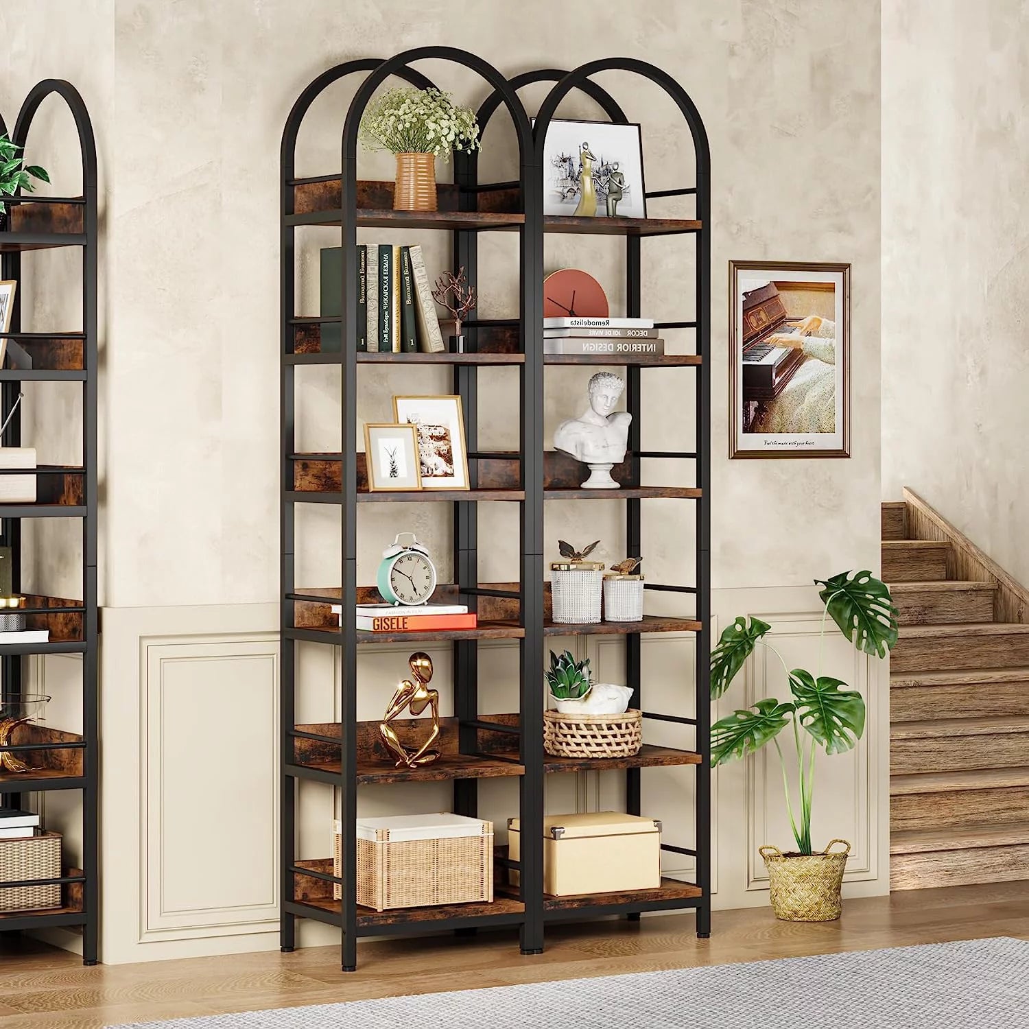 6-Tier Open Bookshelf, 78.7" Tall Arched Bookcase with Metal Frame, Rustic Brown A4183