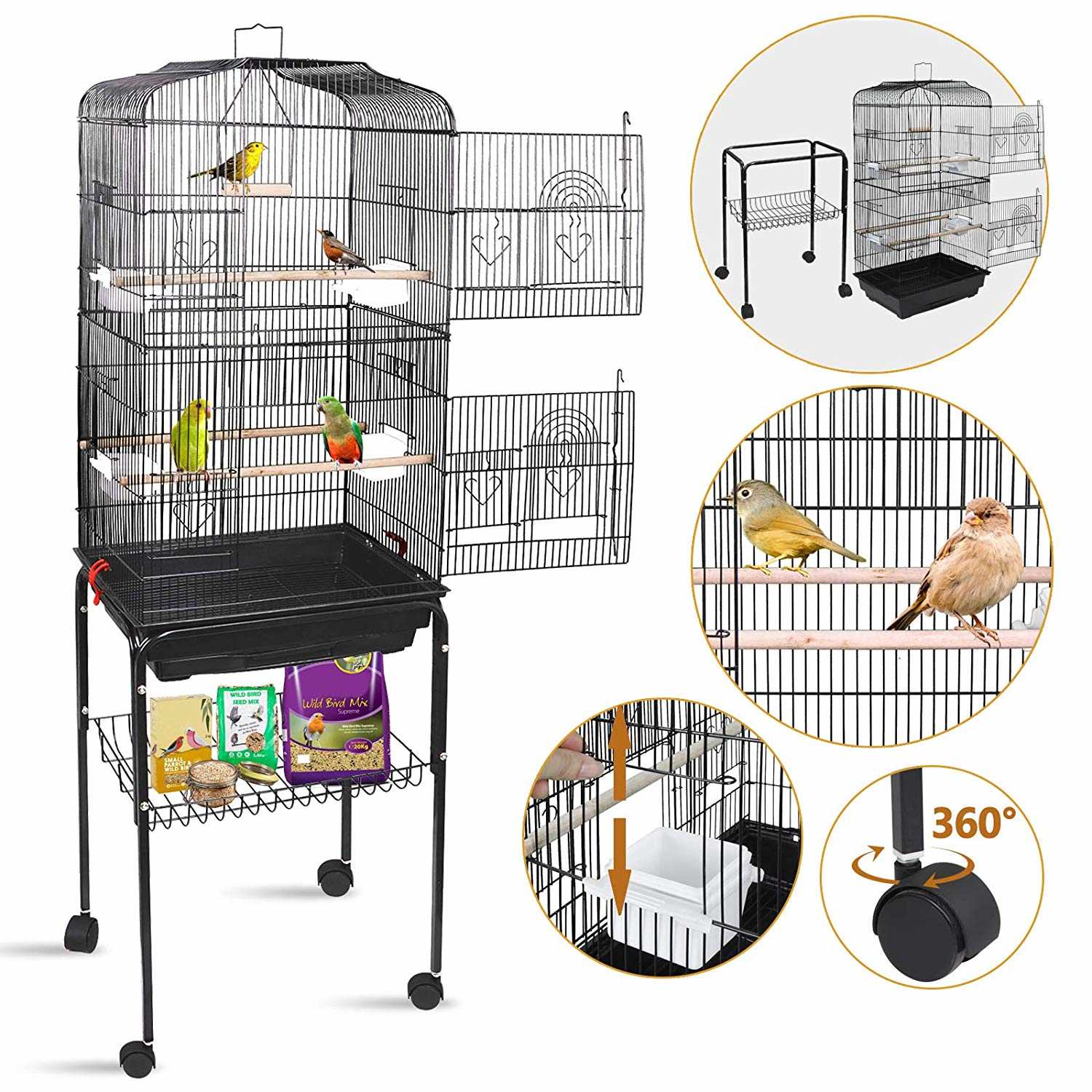 Black Wrought Iron Bird Cage with Rolling Stand K815441