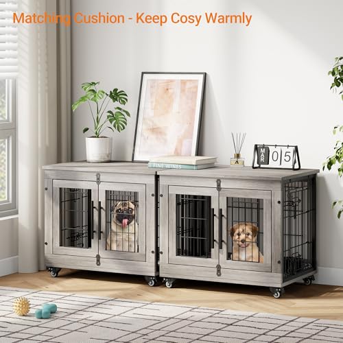 Grey Wooden Dog Crate 32'' with Cushion & Wheels Double Doors Q8314