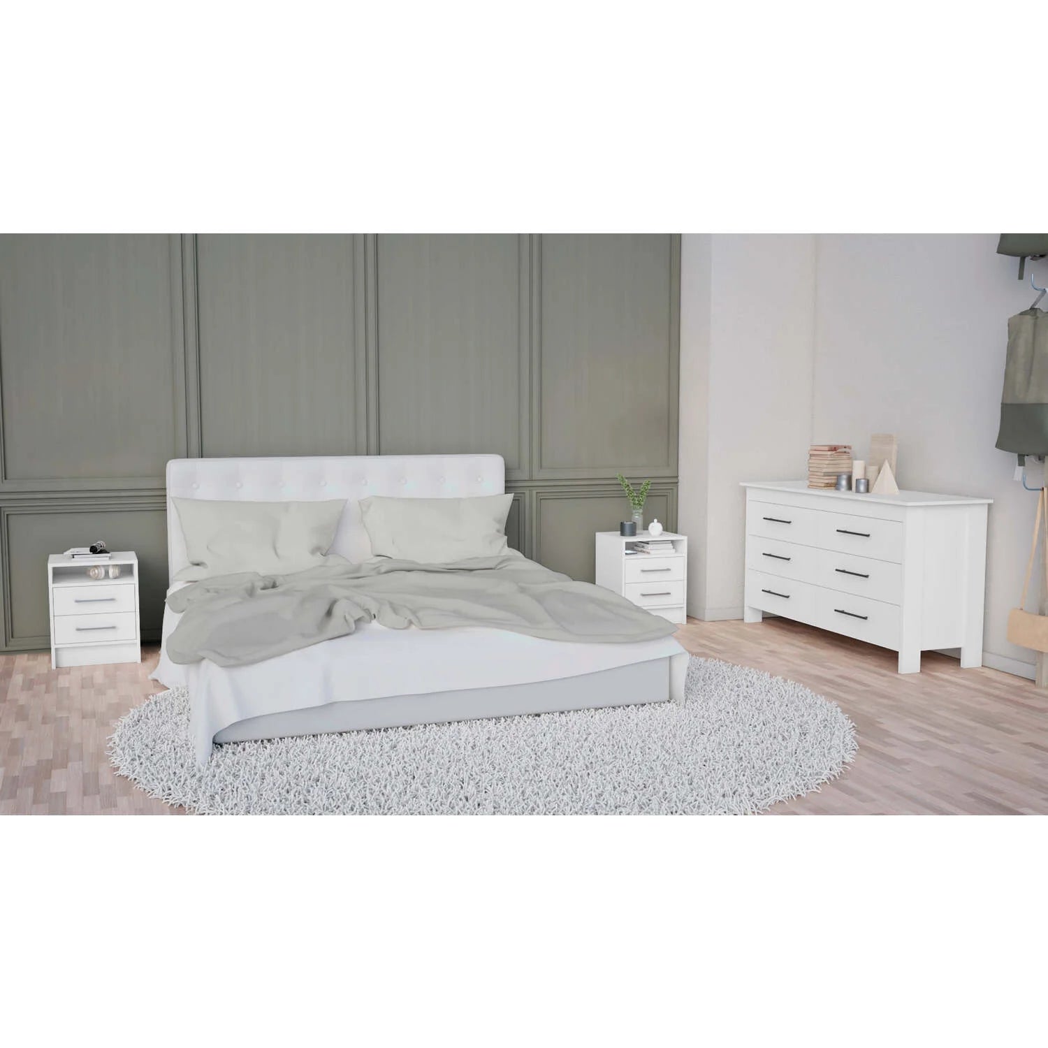 3-Piece Bedroom Set with Double Drawer Dresser and 2 Nightstands, White H24595