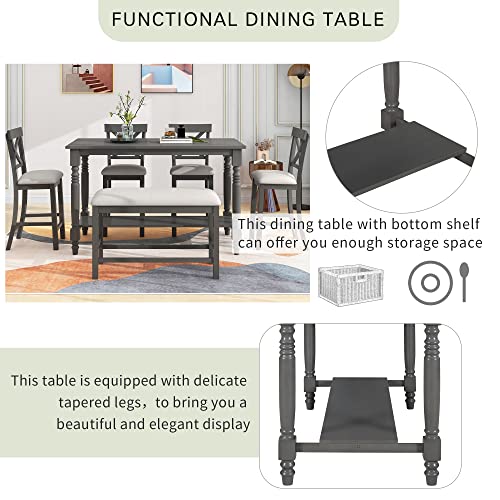 6-Piece Counter Height Table with Shelf 4 Chairs and Bench Gray L99259