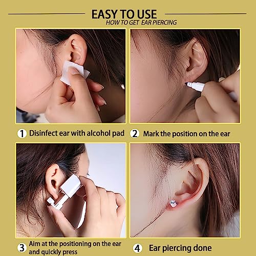 24Pcs Premium Ear Piercing Kit with 8 CZ Diamond Earrings and 8 Self Ear Piercing Gun E689783