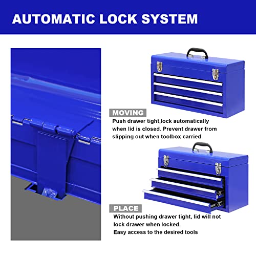 3 Drawer 20" Metal Tool Box Portable Steel Tool Chest Blue D8463