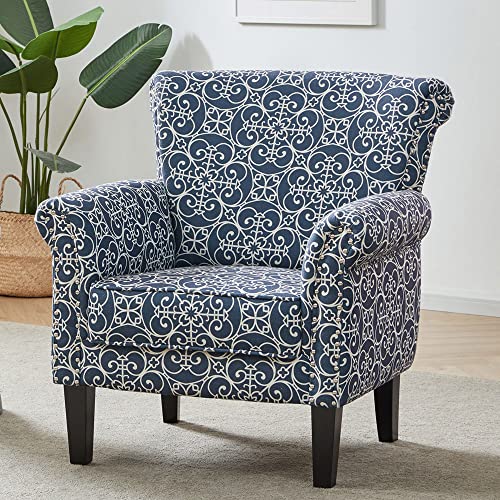 Upholstered Wingback Accent Chair, Fabric Armchair, Nailhead Trim High Back Patterned Corner Chair, Navy Blue/White E4944