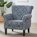 Upholstered Wingback Accent Chair, Fabric Armchair, Nailhead Trim High Back Patterned Corner Chair, Navy Blue/White E4944