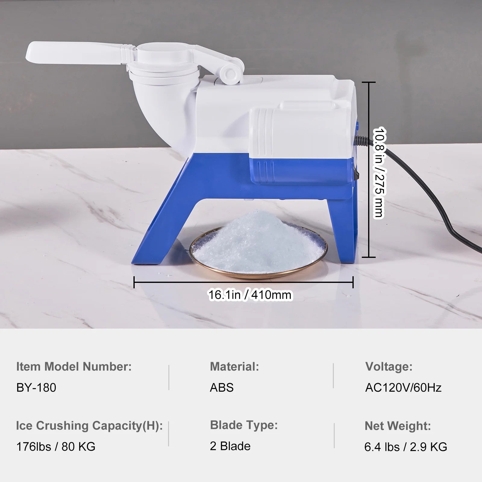 Electric Ice Crusher Machine 176lbs/Hr Snow Cone Maker Shaved Ice 220W H4494