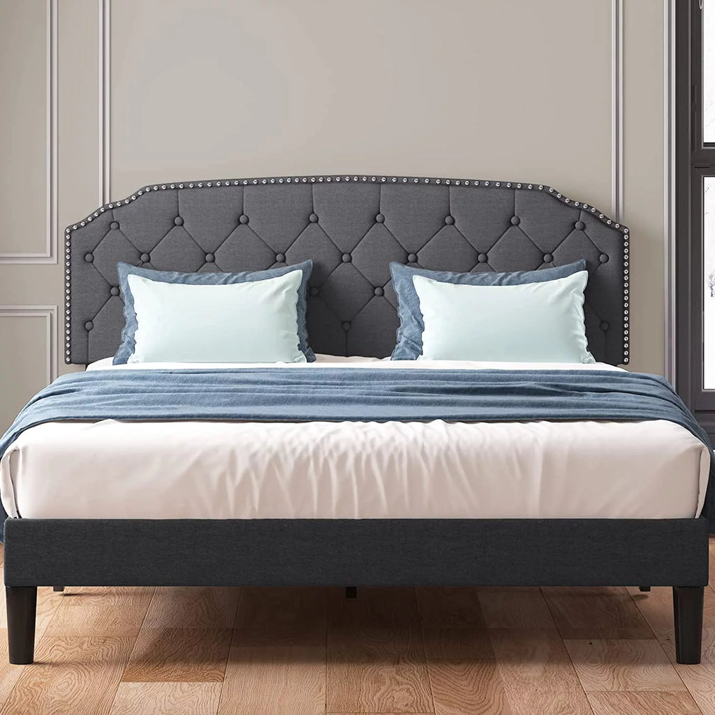 Queen Size Platform Bed Frame with Diamond Button Tufted Upholstered Headboard, Dark Grey F766