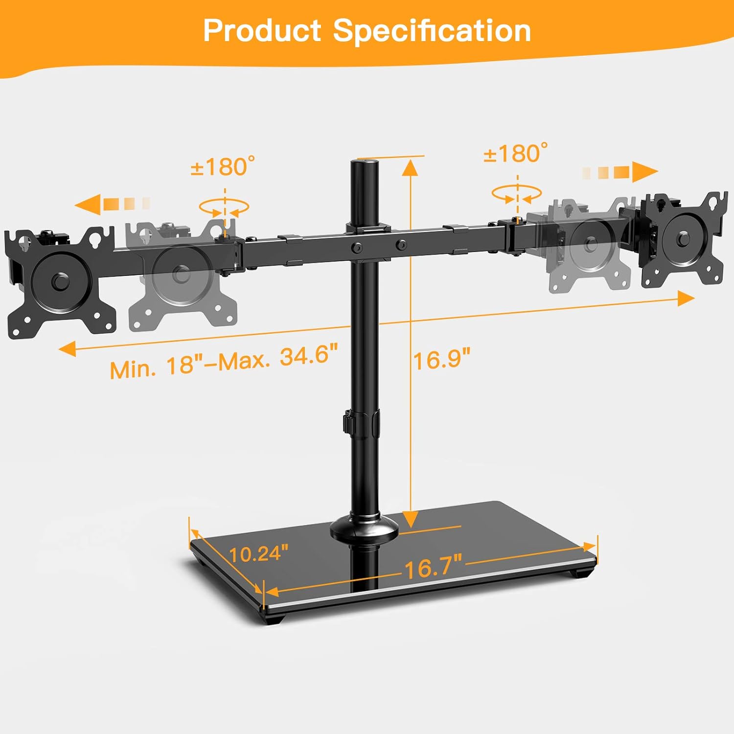 Dual Monitor Stand with Glass Base, Height Adjustable Two Arm Monitor Mount, Heavy Duty, Pack of 2 I8023