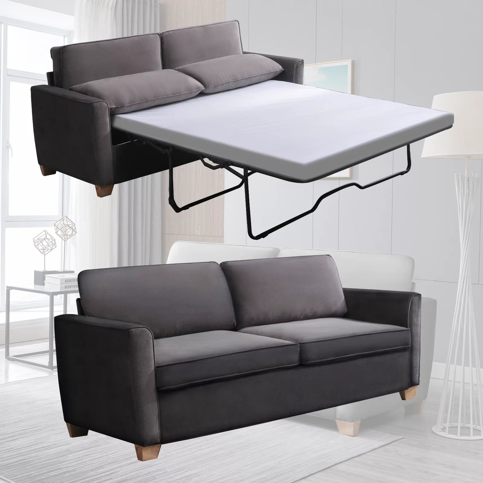 Queen Dark Grey Pull Out Sofa Bed with Memory Foam Mattress U9013