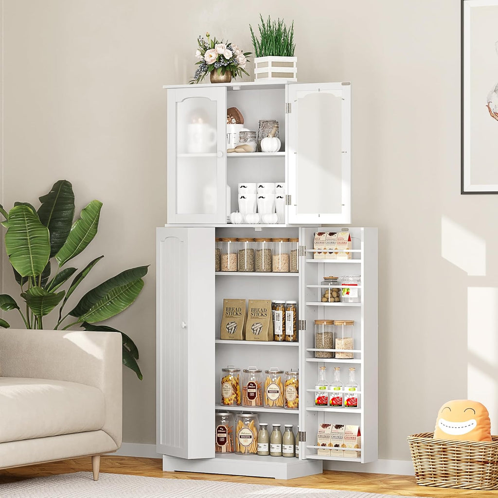 White Tall Kitchen Pantry Cabinet with Glass Doors G226