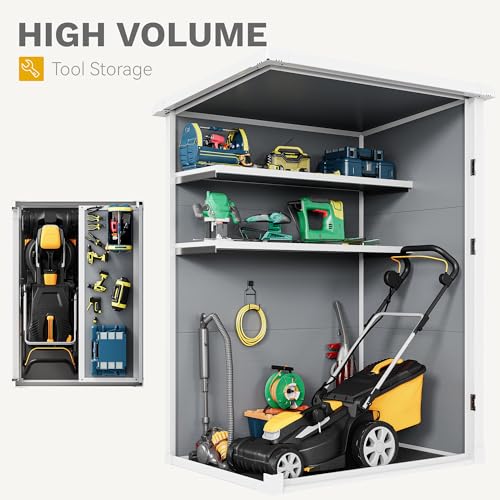 60 Cuft Outdoor Tall Storage Shed with 2 Shelves, Weatherproof Vertical Tool Shed with Floor & Lockable Doors, Double-Wall Plastic Cabinet (Gray) J68129