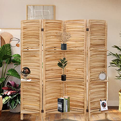4 Panel Wooden Room Divider with Shelves (Deep Brown) L8493