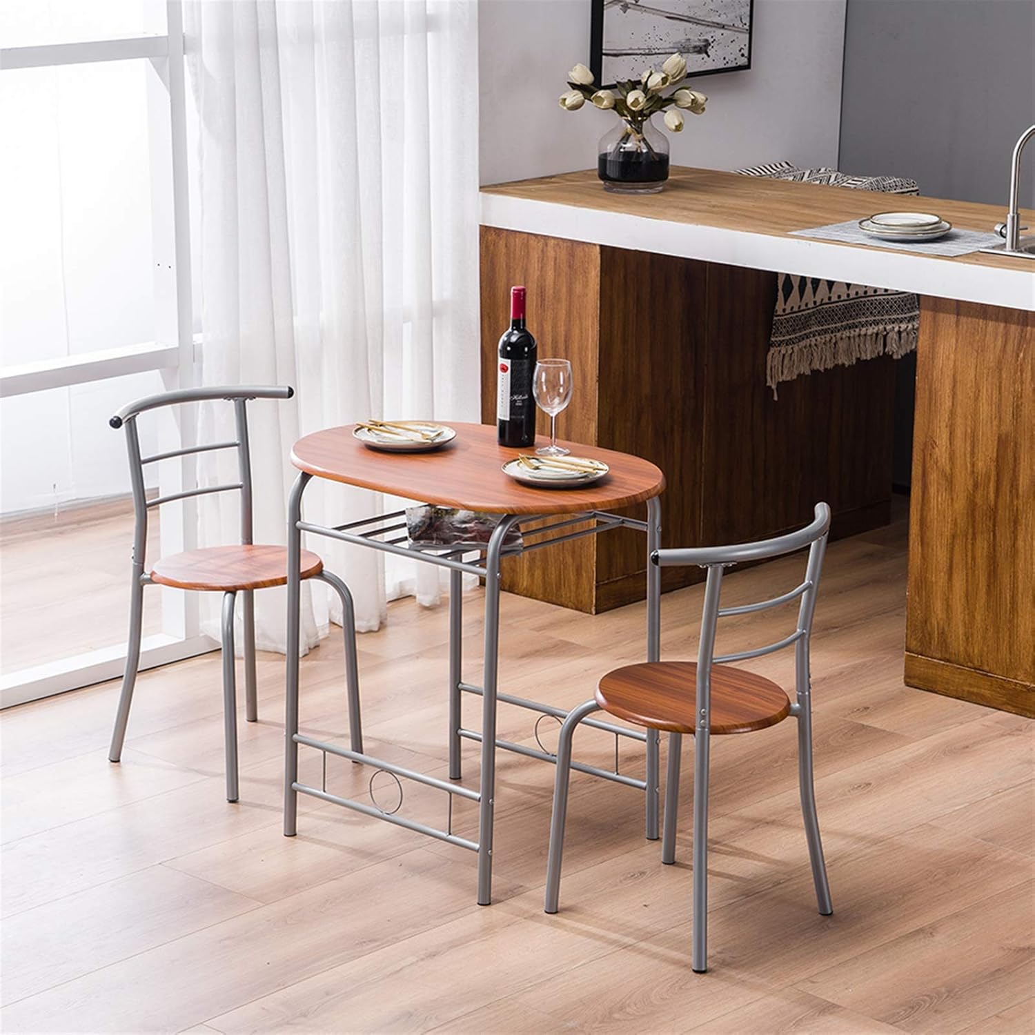 3-Piece Small Round Dining Table with Wine Storage Rack, Wood, Metal Frame, Brown Q969