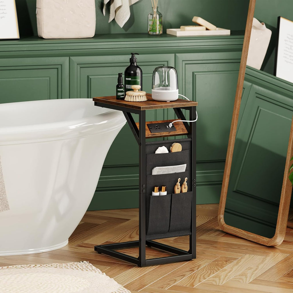 Rustic Brown and Black C-Shaped End Table with Charging Station and Storage Bag J35865