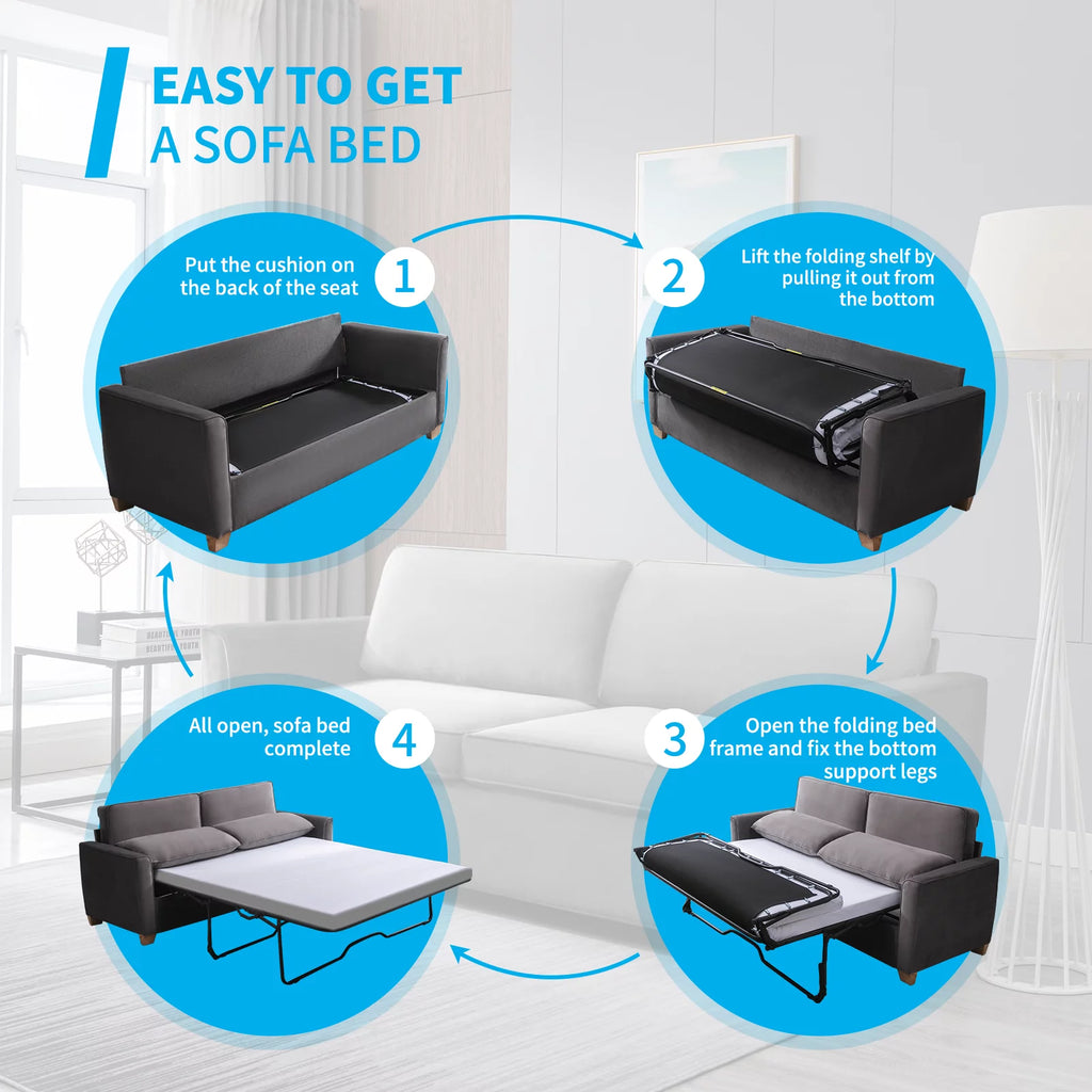 Queen Dark Grey Pull Out Sofa Bed with Memory Foam Mattress U9013