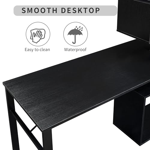 Brown L Shaped Computer Desk with Bookshelf and Lockable Casters B2864