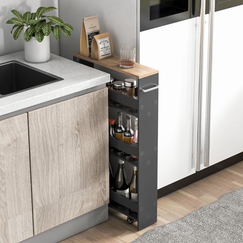 4-Tier Rolling Storage Cart with Handle & Wooden Top (White & Natural) T6548