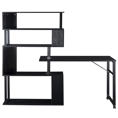 Brown L Shaped Computer Desk with Bookshelf and Lockable Casters B2864