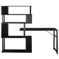 Brown L Shaped Computer Desk with Bookshelf and Lockable Casters B2864