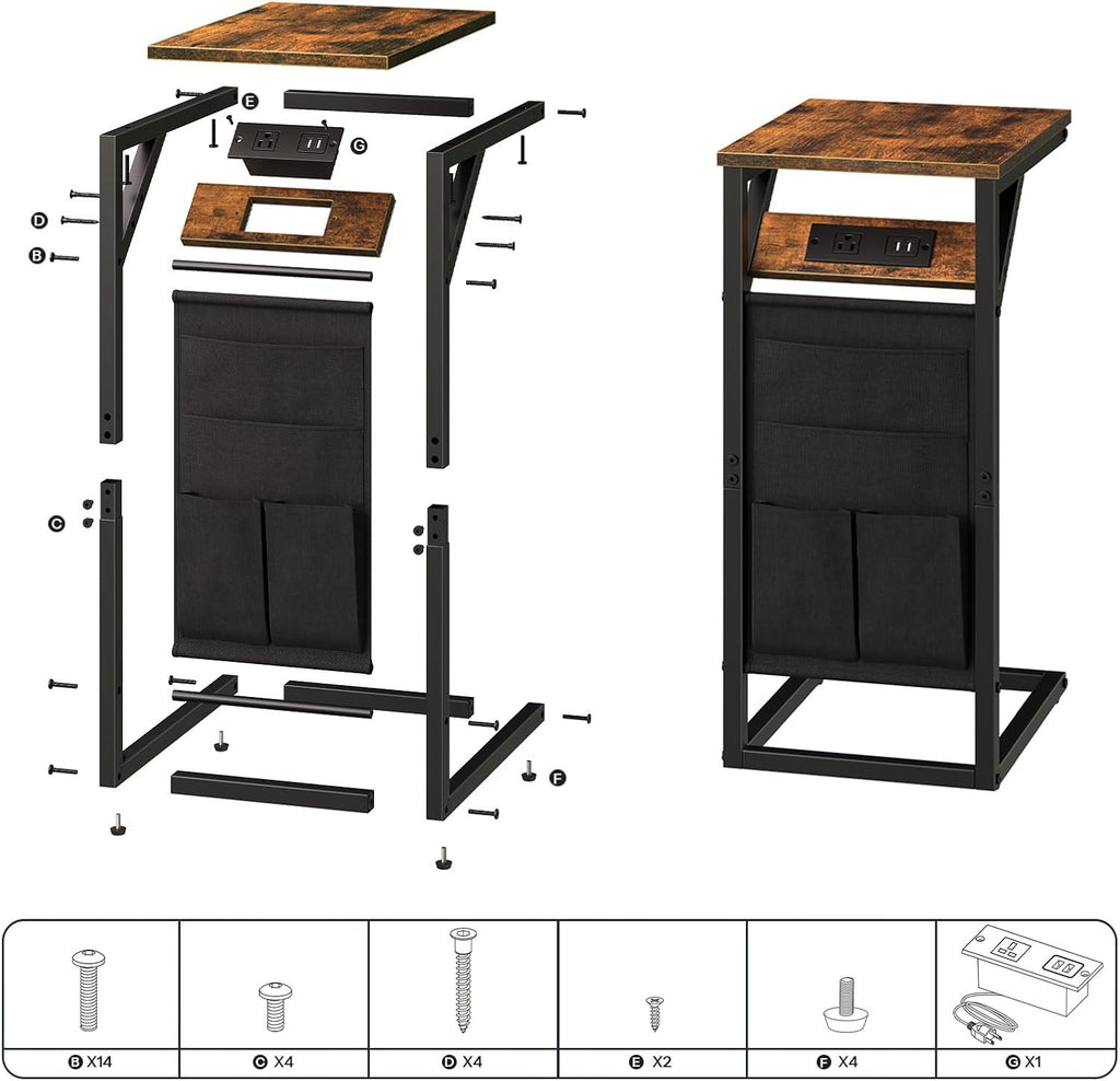 Rustic Brown and Black C-Shaped End Table with Charging Station and Storage Bag J35865