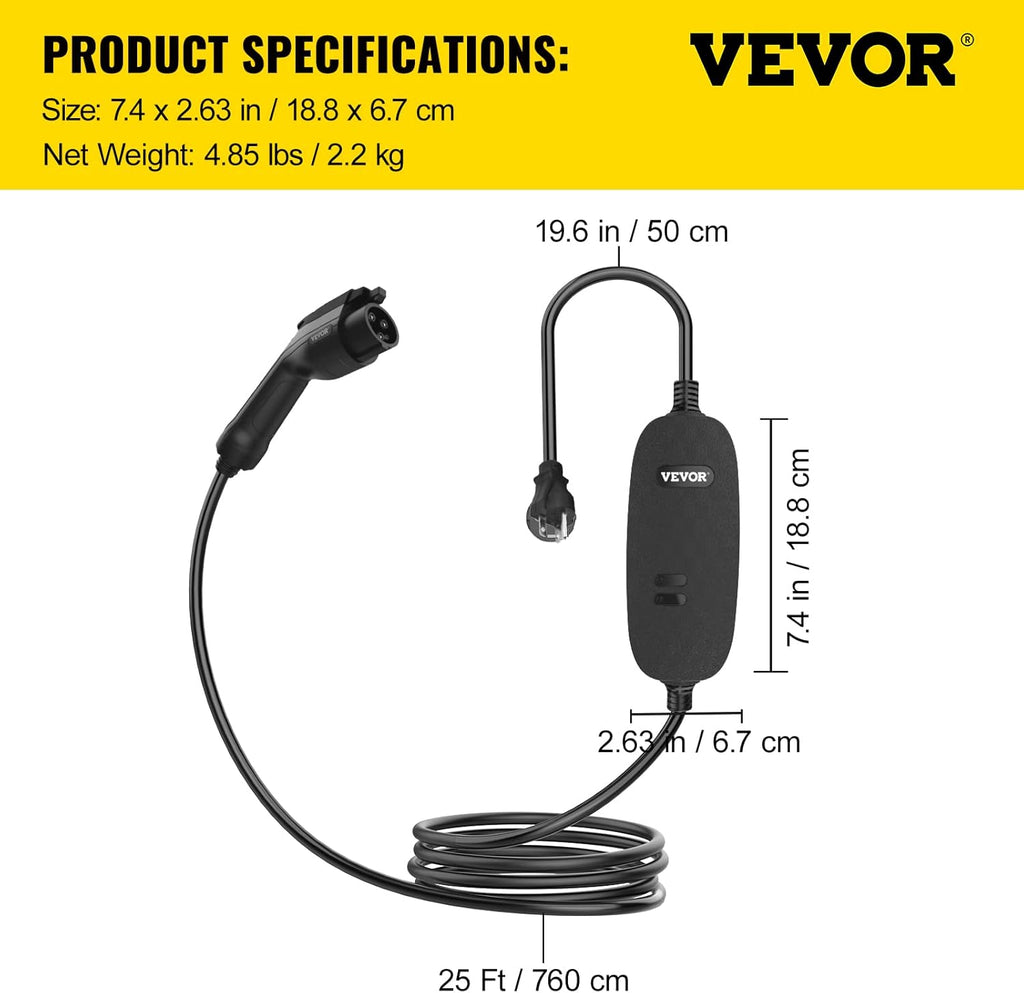 15 Amp 110-240V Portable Electric Vehicle Charger with 25 ft Charging Cable T8293