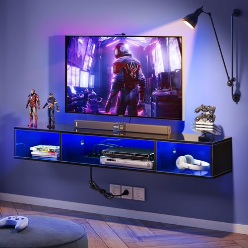 Glossy Black Wall Mounted TV Stand with Power Outlet and RGB Lights H49622