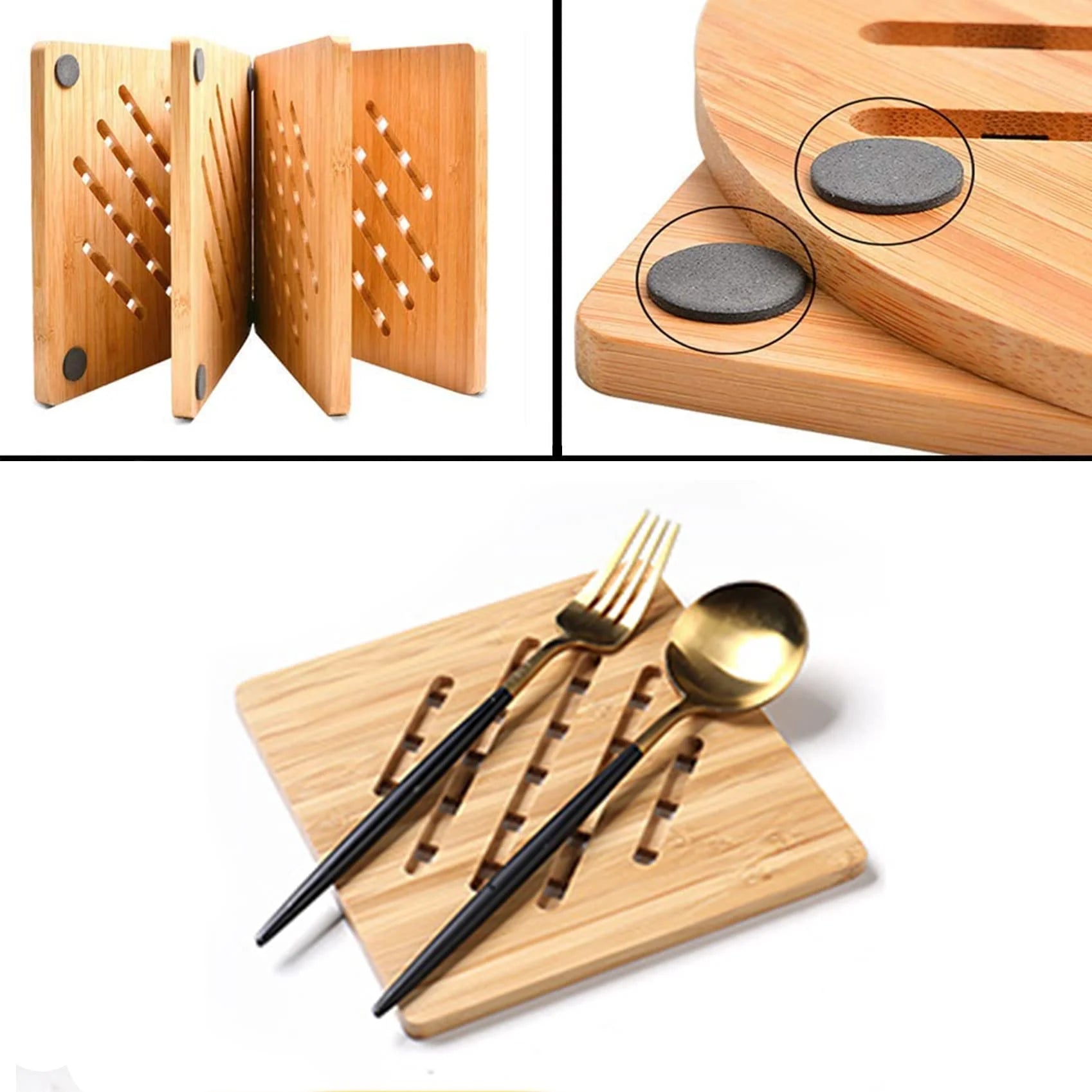 8 Pack Natural Bamboo Trivet Mat Set with 2 Holders Z61238